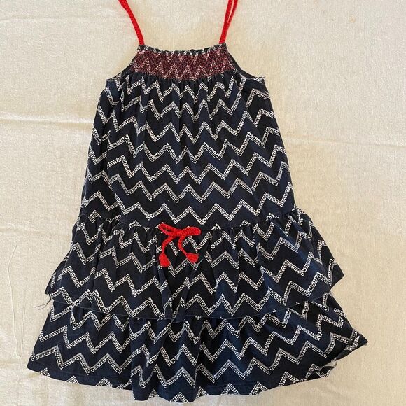 OshKosh Cotton Chevron Red White Blue Ruffles Girls Dress Size 8 - Picture 1 of 5
